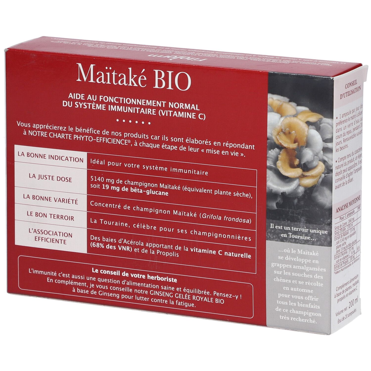 Scatola rossa con logo e nome prodotto: Maitake BIO. Informazioni sull'uso e sugli ingredienti.