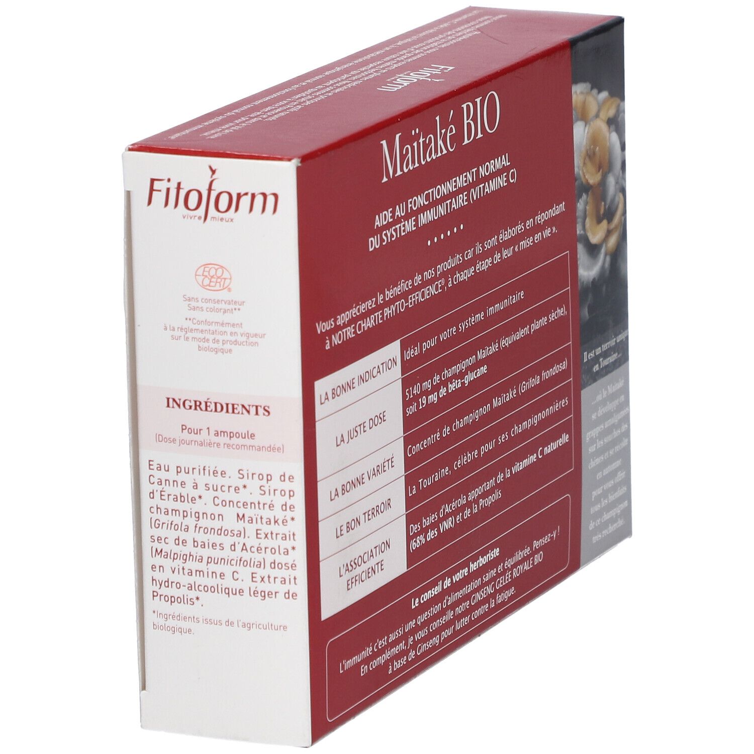 Scatola rossa con logo e nome prodotto: Maitake BIO. Informazioni sull'uso e sugli ingredienti.