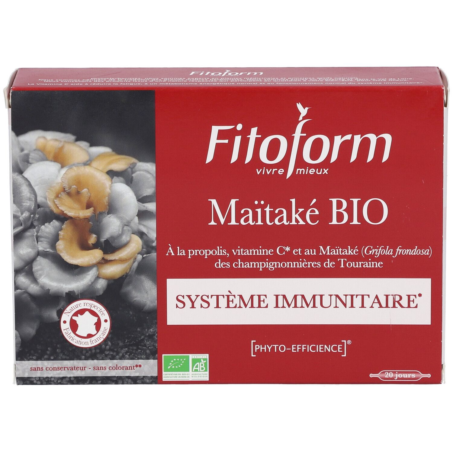 Scatola rossa con logo e nome prodotto: Maitake BIO. Certificazione AB e origine Francia. Confezione da 20 giorni.
