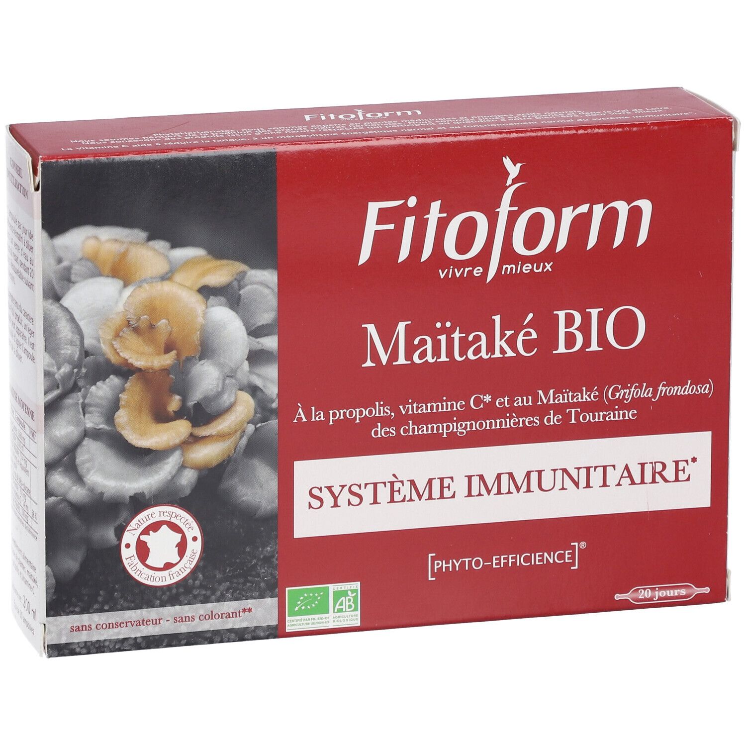 Scatola rossa con logo e nome prodotto: Maitake BIO. Certificazione AB e origine Francia. Confezione da 20 giorni.