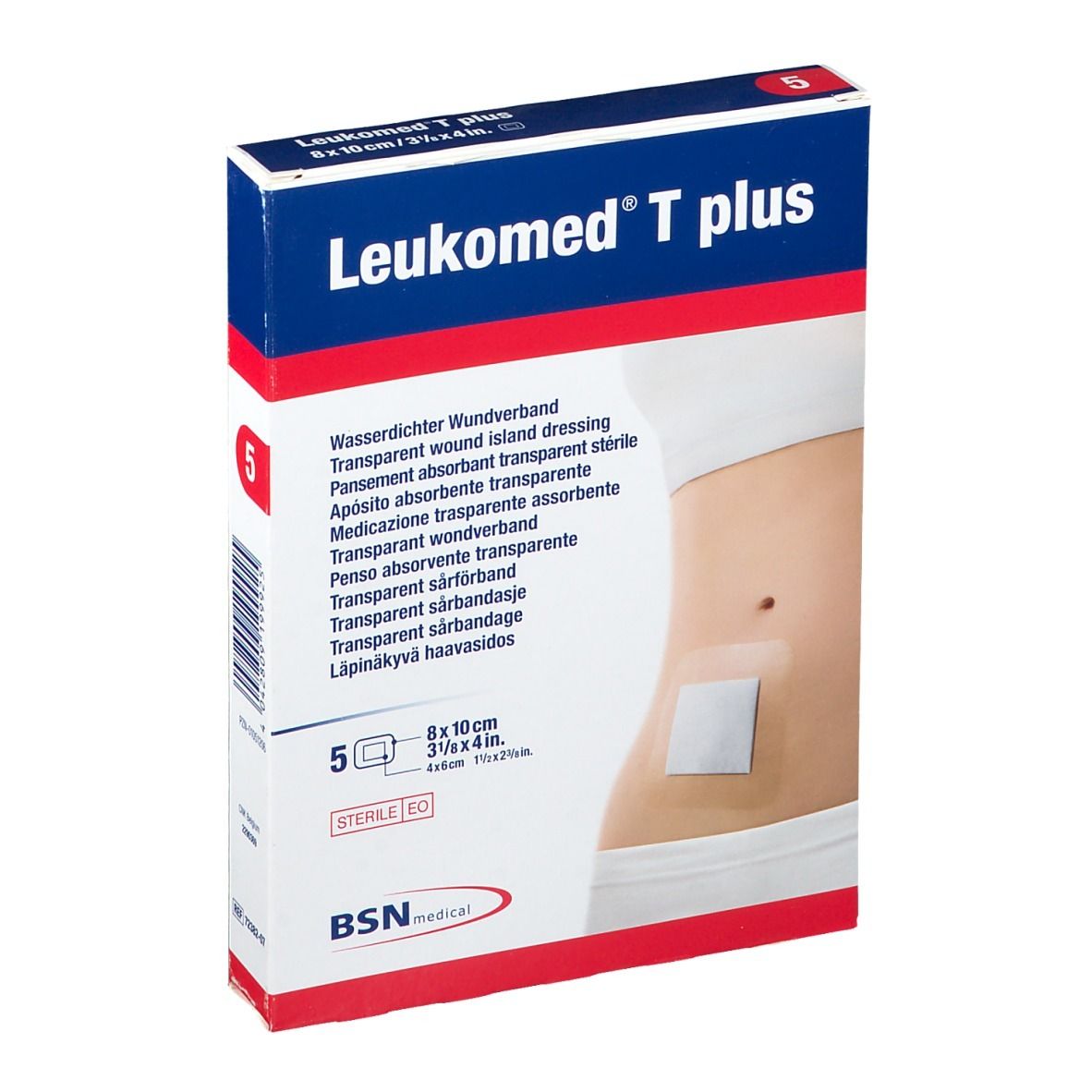 Confezione da 5 medicazioni sterili. Scritto: Leukomed T plus, 8 x 10 cm. Immagine: medicazione sull'addome.