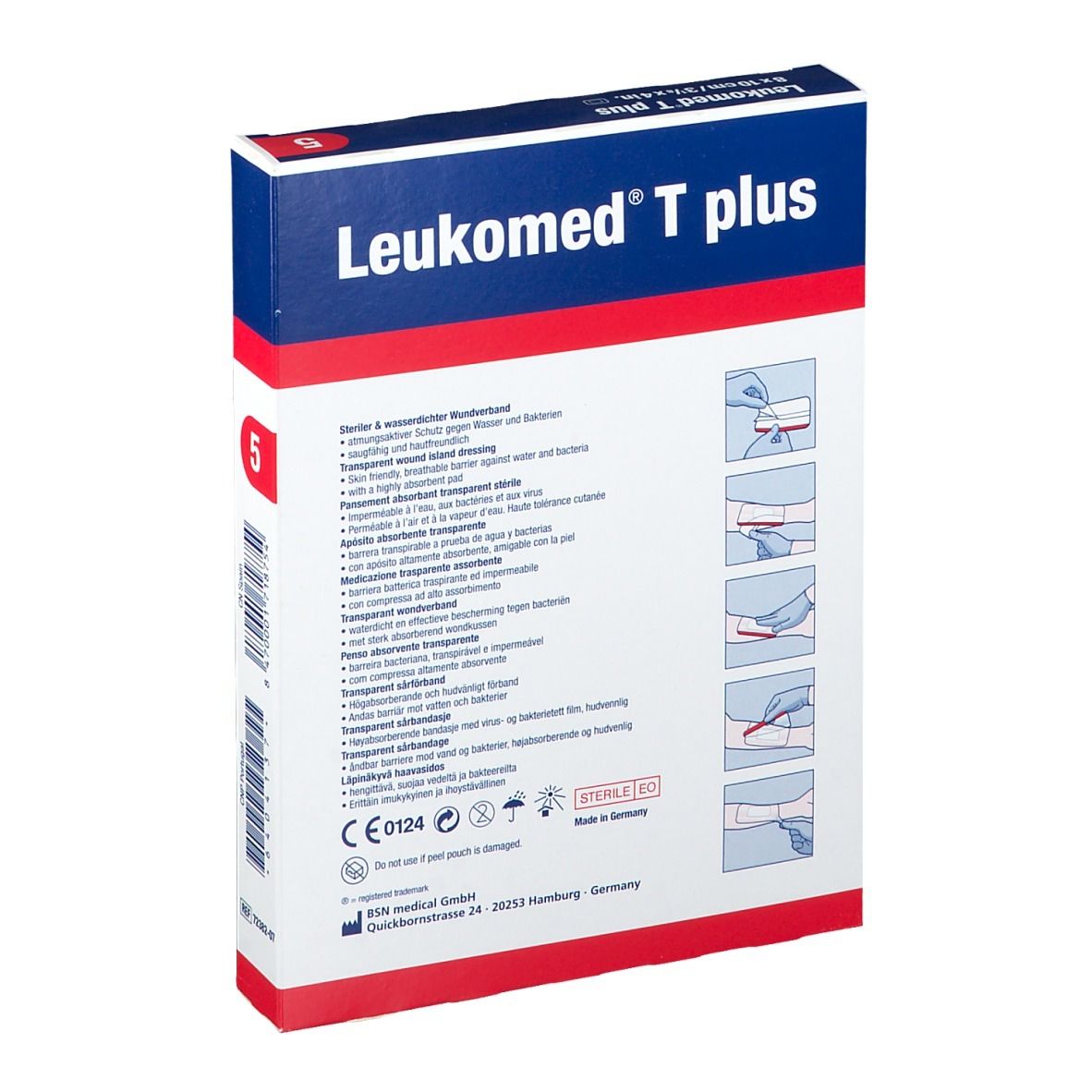 Confezione con informazioni sul prodotto. Scritto: Leukomed T plus. Illustrazioni: fasi di applicazione. Certificazione CE0124.