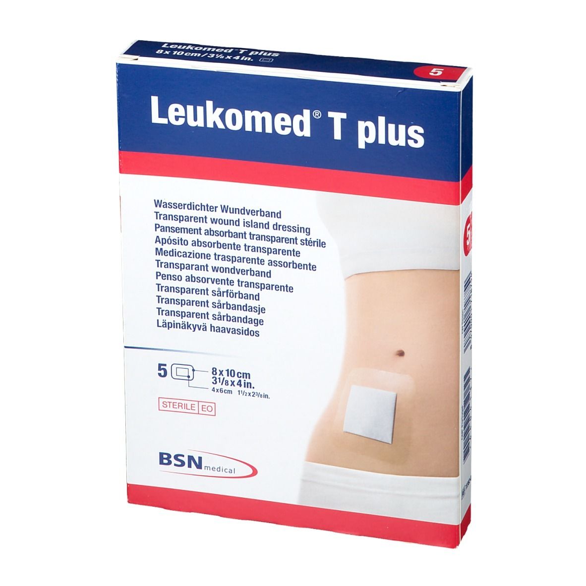 Confezione da 5 medicazioni sterili. Scritto: Leukomed T plus, 8 x 10 cm. Immagine: medicazione sull'addome.