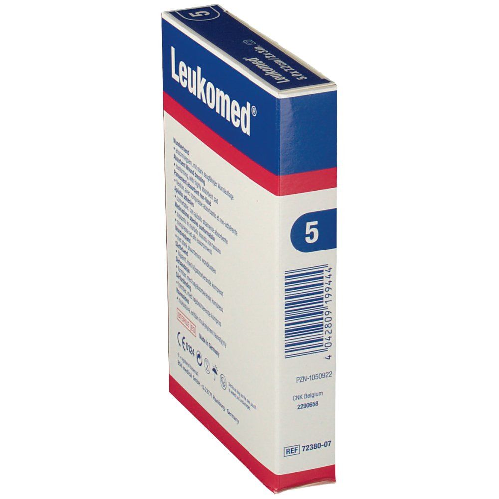 Vista laterale della confezione di medicazioni Leukomed. Confezione blu e bianca con testo e codice a barre.