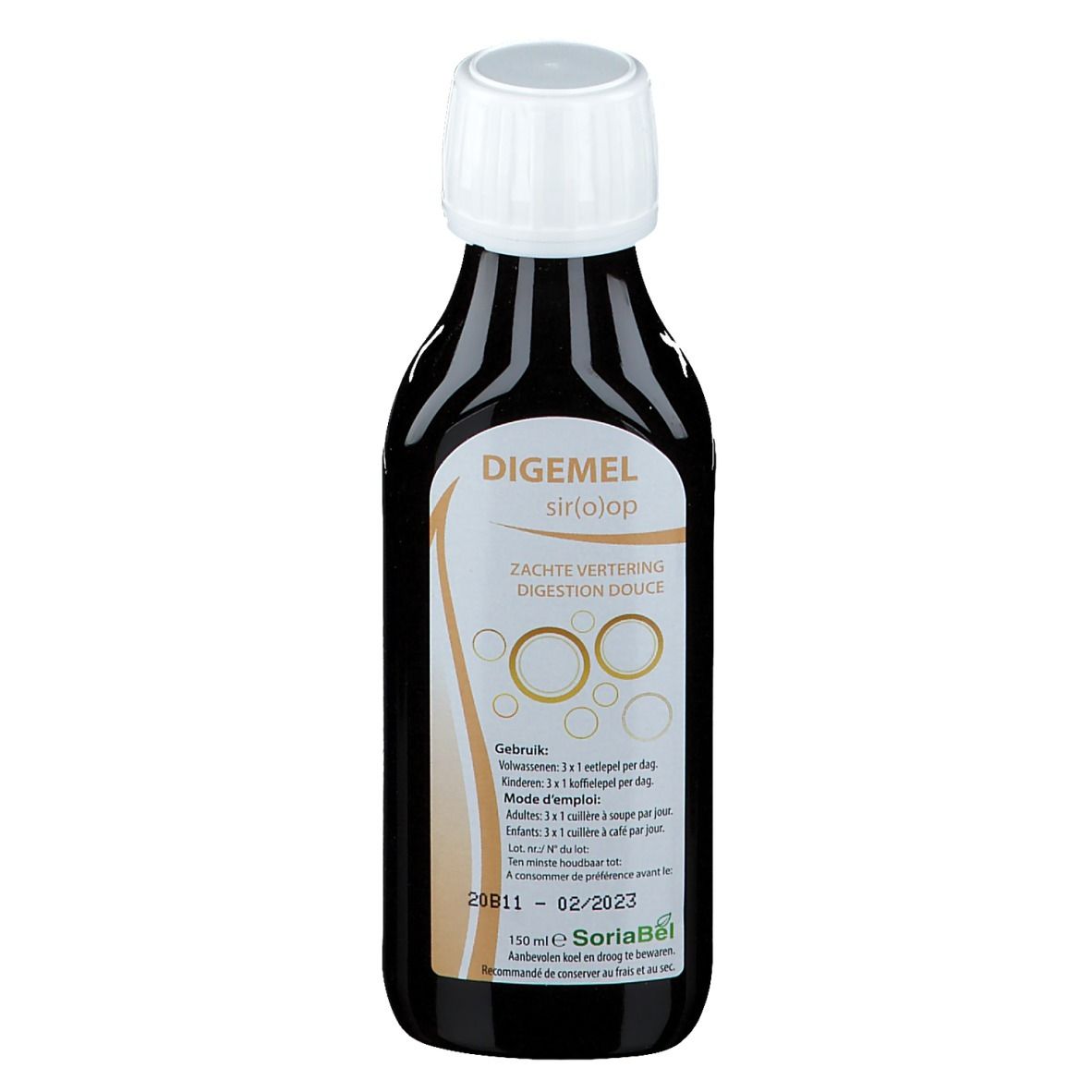 Bottiglia marrone con tappo bianco. Scritta: Digemel sir(o)op, Zachte vertering, Digestion douce. Etichetta con informazioni.