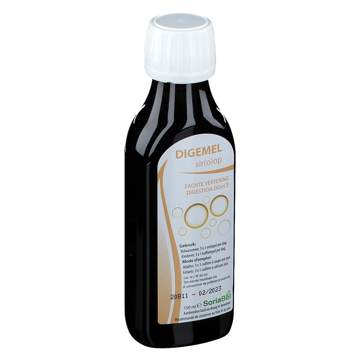 Bottiglia marrone con tappo bianco. Scritta: Digemel sir(o)op, Zachte vertering, Digestion douce. Etichetta con informazioni.