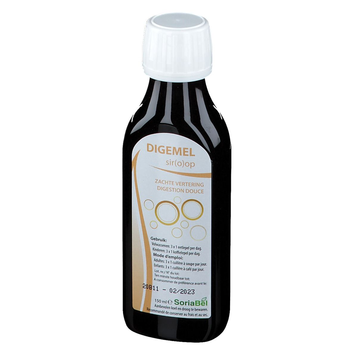 Bottiglia marrone con tappo bianco. Scritta: Digemel sir(o)op, Zachte vertering, Digestion douce. Etichetta con informazioni.