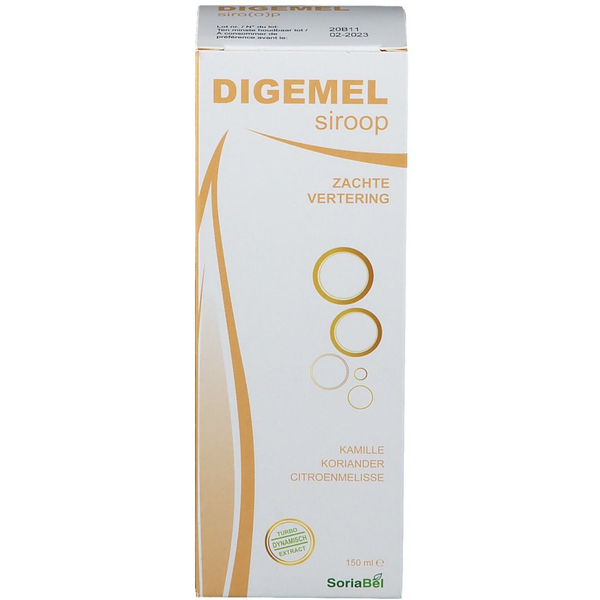 Scatola bianca con accenti gialli. Scritta: Digemel siroop, Zachte vertering. Camomilla, Coriandolo, Citronella.