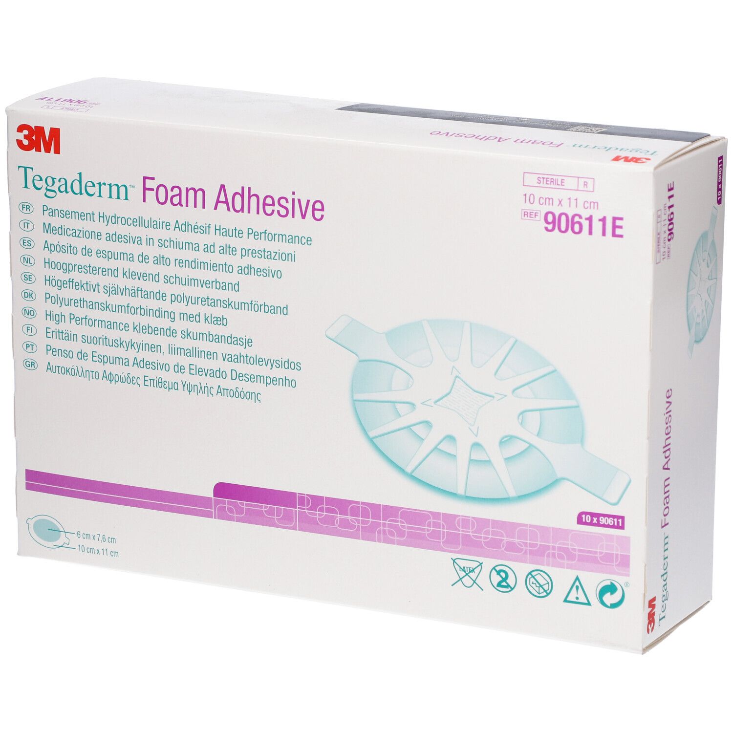 Confezione di 3M Tegaderm Foam Adhesive. Contiene 10 pezzi. Dimensioni: 10 cm x 11 cm. Nome del prodotto e marchio visibili.