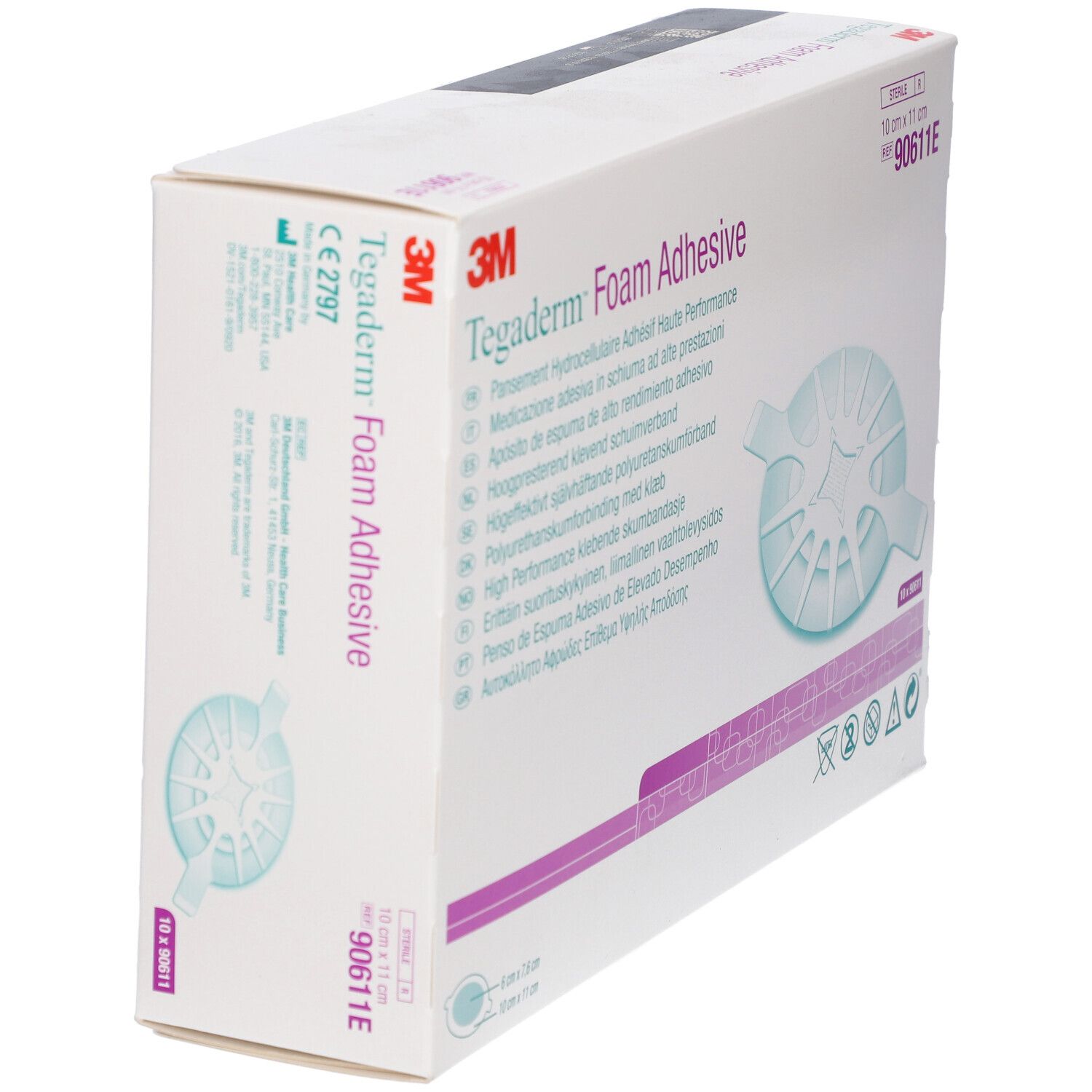 Confezione di 3M Tegaderm Foam Adhesive. Dimensioni: 10 cm x 11 cm. Nome del prodotto e marchio visibili. Contiene 10 pezzi.