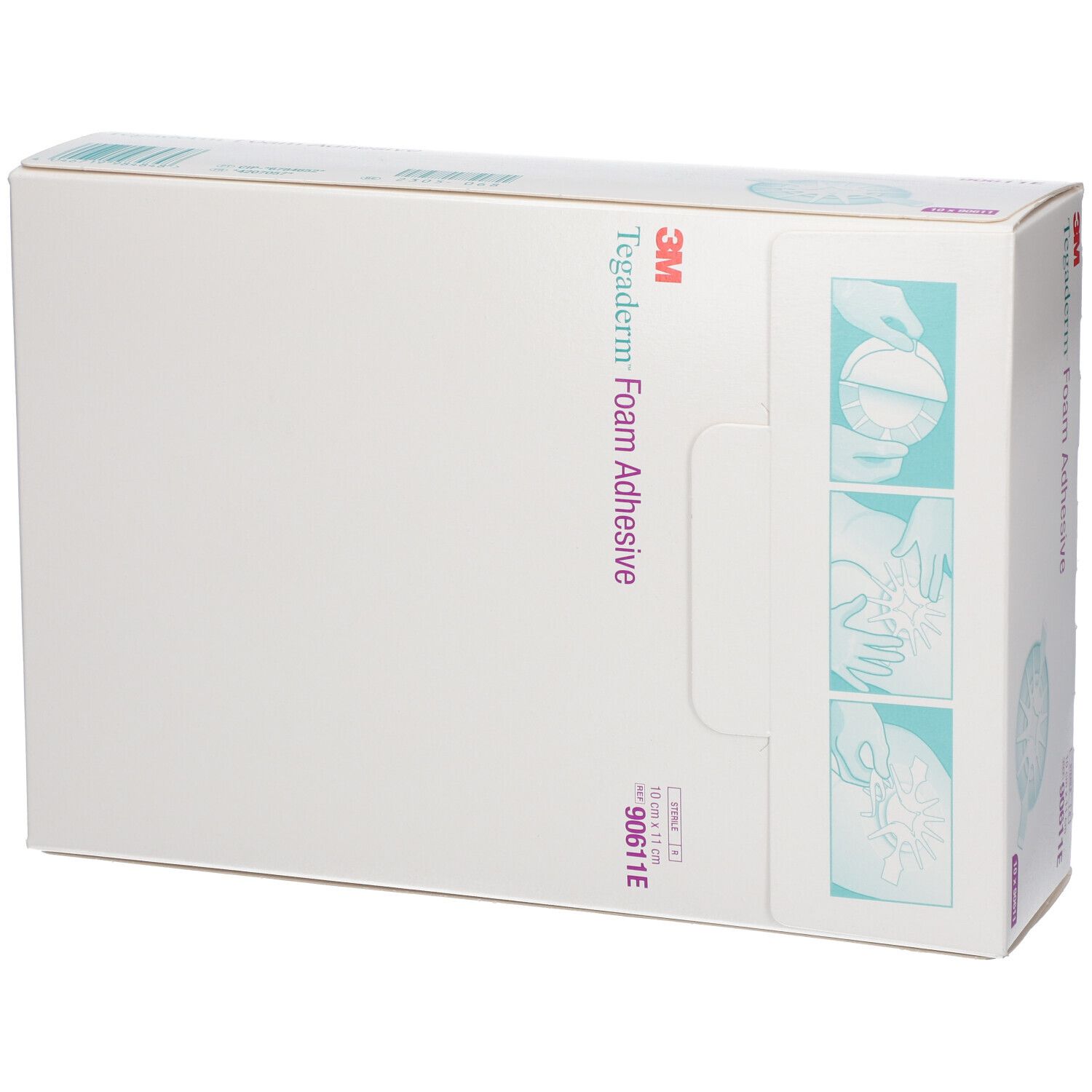 Confezione di 3M Tegaderm Foam Adhesive. Dimensioni: 10 cm x 11 cm. Nome del prodotto e marchio visibili. Contiene 10 pezzi.