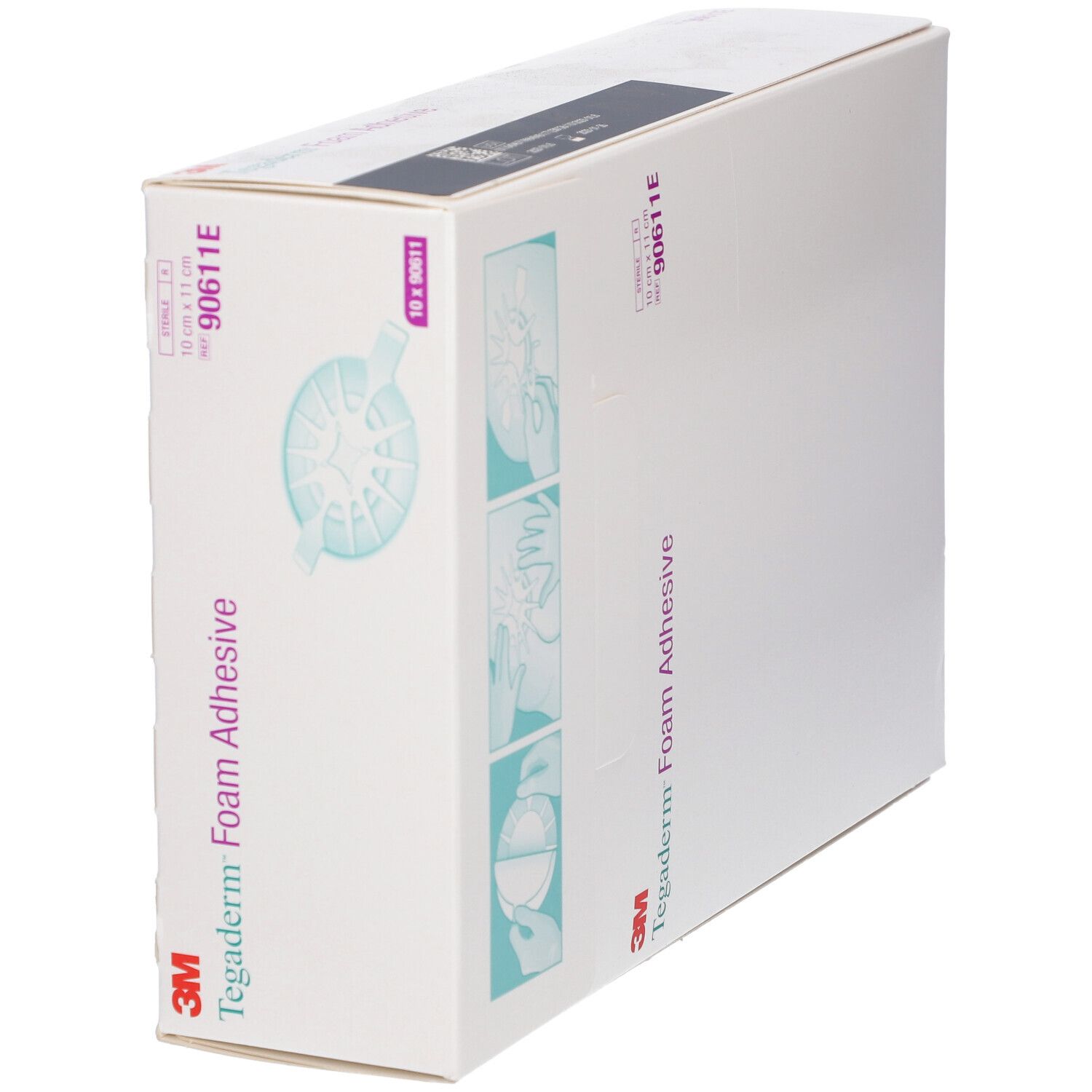Confezione di 3M Tegaderm Foam Adhesive. Dimensioni: 10 cm x 11 cm. Nome del prodotto e marchio visibili. Contiene 10 pezzi.