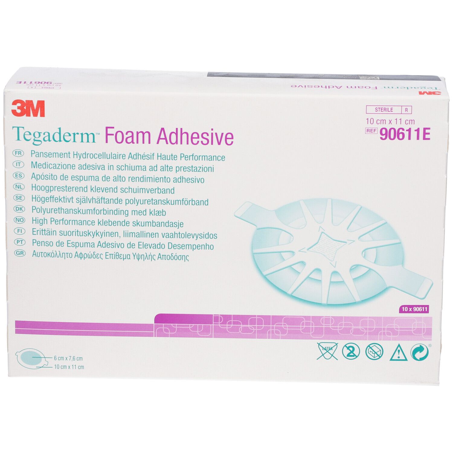 Confezione di 3M Tegaderm Foam Adhesive. Dimensioni: 10 cm x 11 cm. Nome del prodotto e marchio visibili. Contiene 10 pezzi.