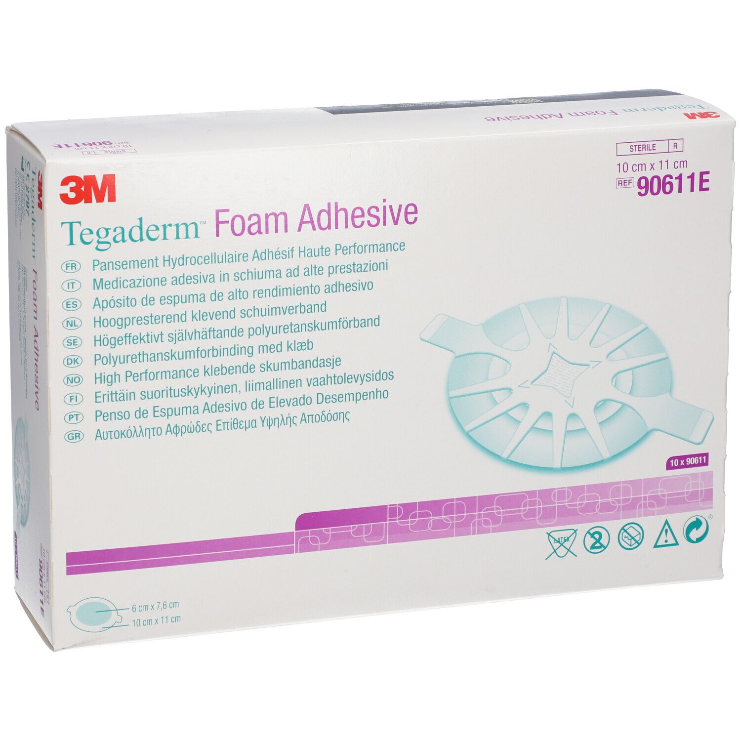 Confezione di 3M Tegaderm Foam Adhesive. Dimensioni: 10 cm x 11 cm. Nome del prodotto e marchio visibili. Contiene 10 pezzi.