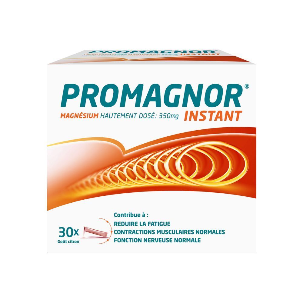 Confezione di PROMAGNOR Instant Zitrone. Contiene 30 bustine. Scritta: Magnesio 350mg Instant.
