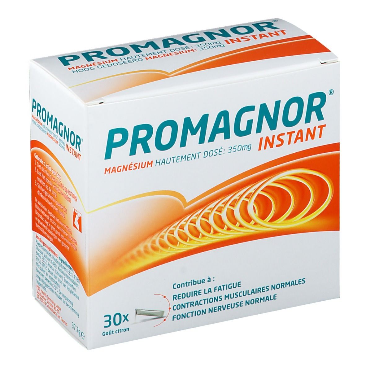 Scatola di PROMAGNOR Instant Zitrone. Contiene 30 stick. Scritta: Magnesio 350mg.