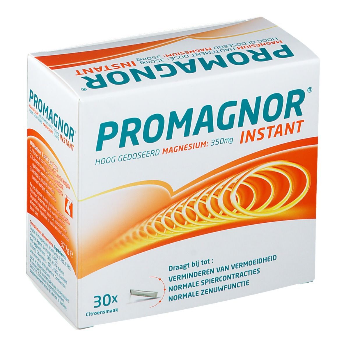 Scatola PROMAGNOR Instant Zitrone. Contiene 30 stick. Scritta: Magnesio 350mg. Aiuta contro la fatica.