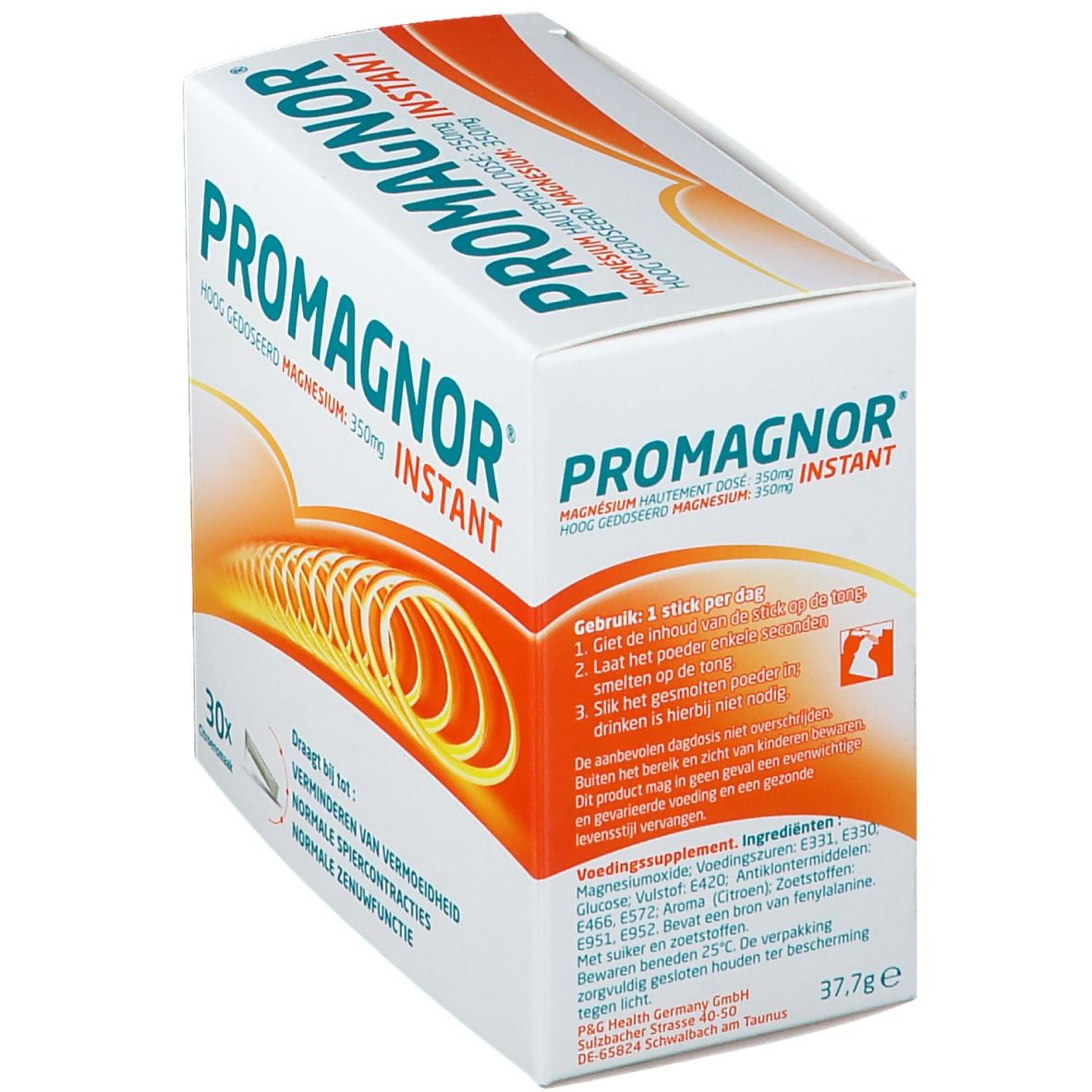 Scatola PROMAGNOR Instant Zitrone. Contiene 30 stick. Scritta: Magnesio 350mg. Istruzioni per l'uso.