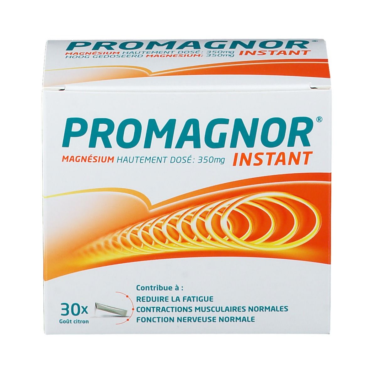 Scatola PROMAGNOR Instant Zitrone. Contiene 30 stick. Scritta: Magnesio 350mg. Aiuta contro la fatica.