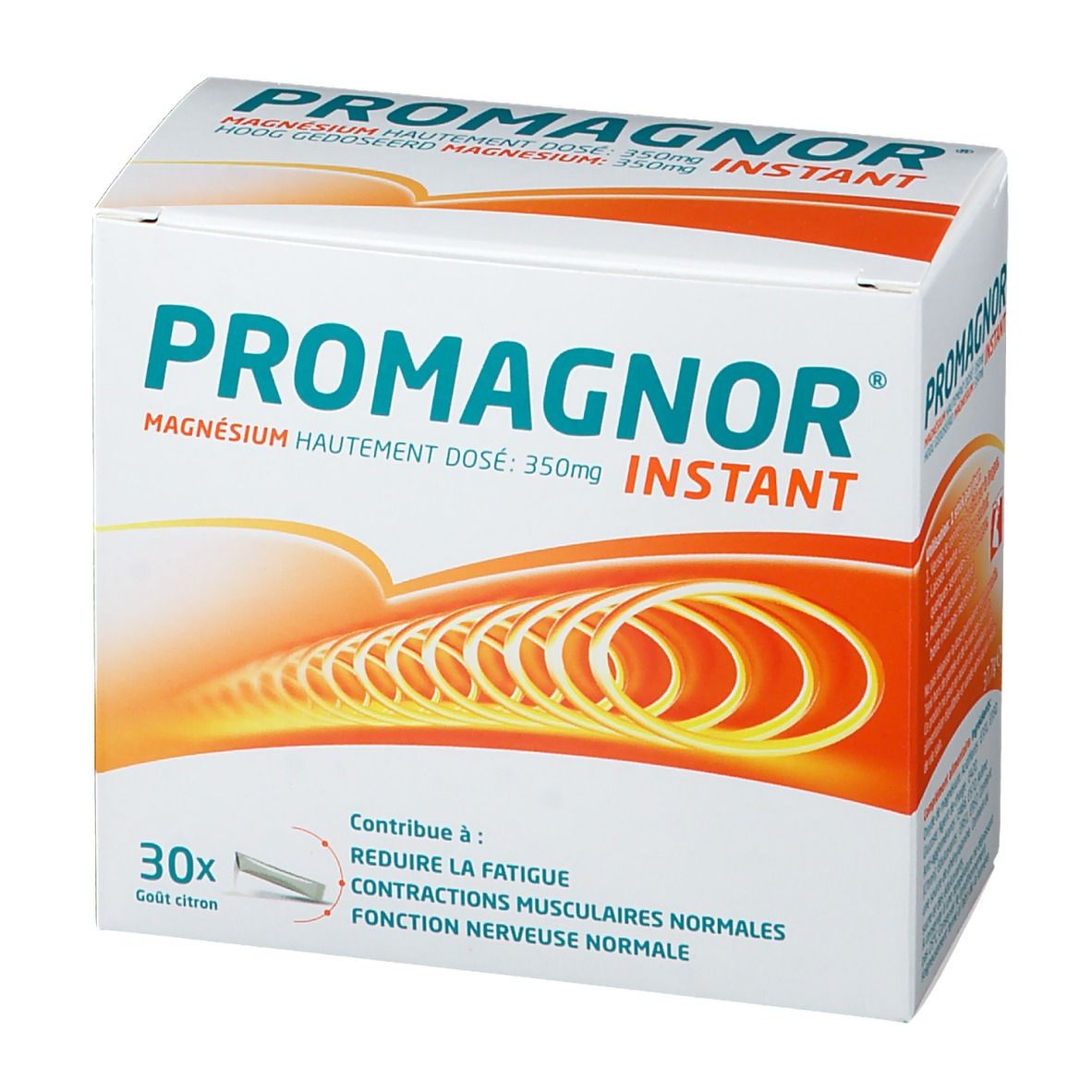 Scatola PROMAGNOR Instant Zitrone. Contiene 30 stick. Scritta: Magnesio 350mg. Aiuta contro la fatica.