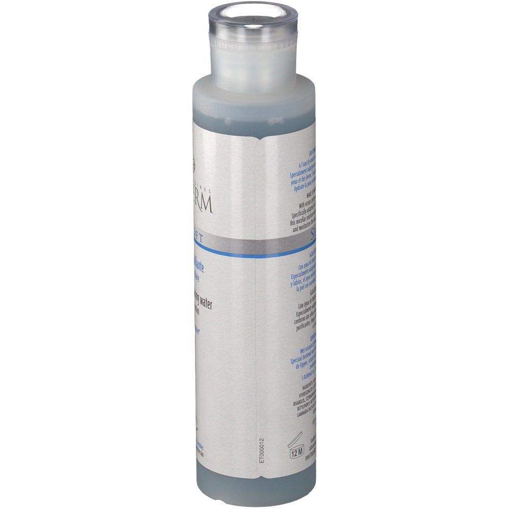 Flacone cilindrico, liquido blu. Scritta: Seaderm Seasoft. Etichetta con testo. Tappo trasparente.