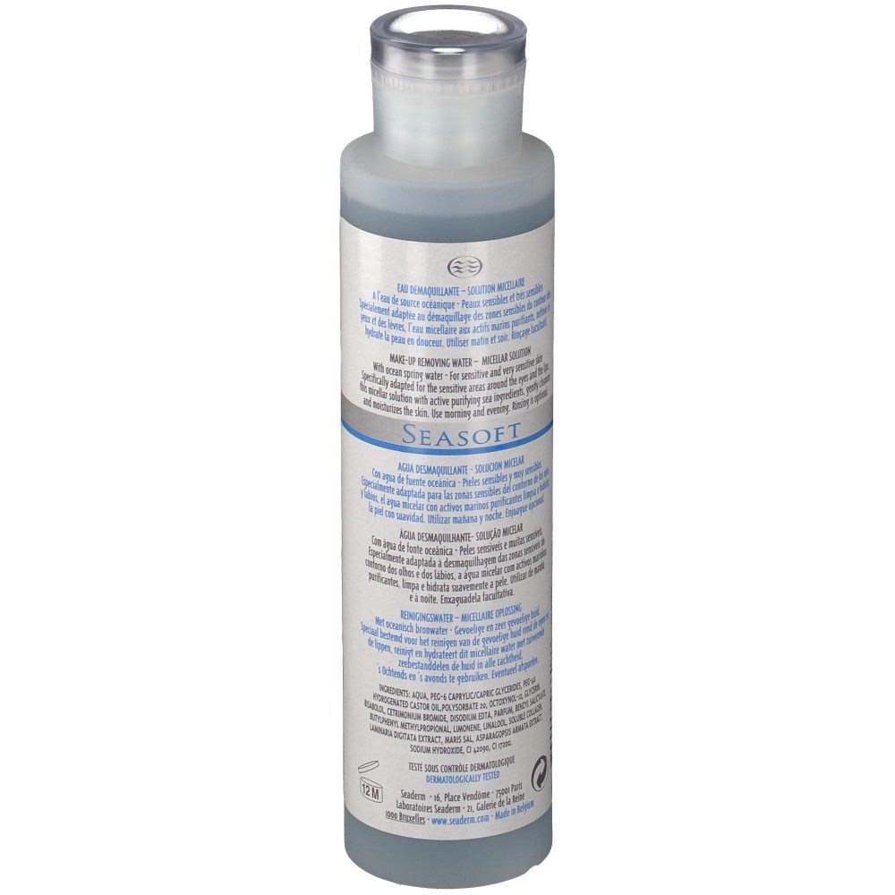Flacone cilindrico, liquido blu. Retro con testo. Scritta: Seaderm Seasoft. Tappo trasparente.