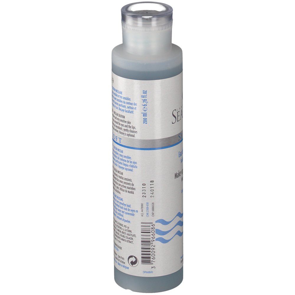 Flacone cilindrico, liquido blu. Scritta: Seaderm Seasoft. Volume: 200 ml. Tappo trasparente.