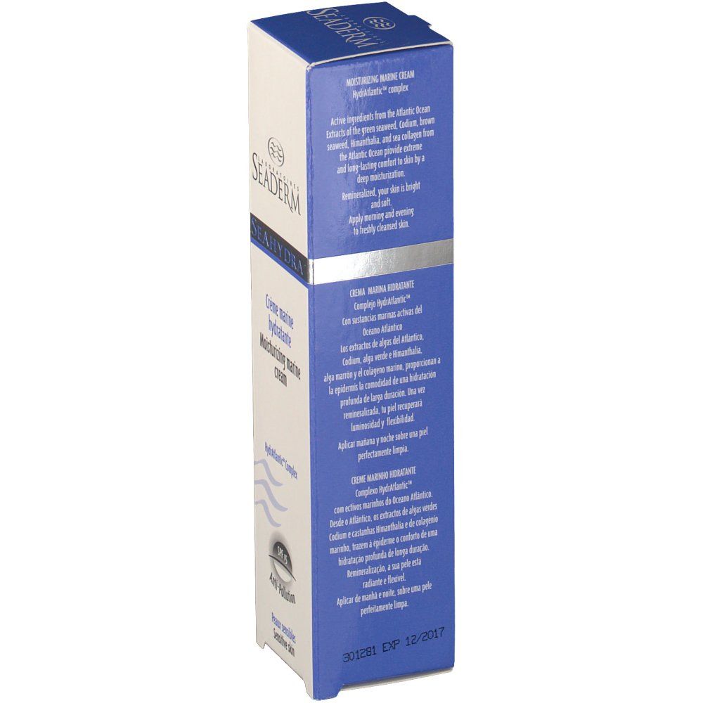 Confezione in cartone con informazioni sul prodotto. Testo: Active ingredients from the Atlantic Ocean. Colori blu e bianco. Vista dettagliata.