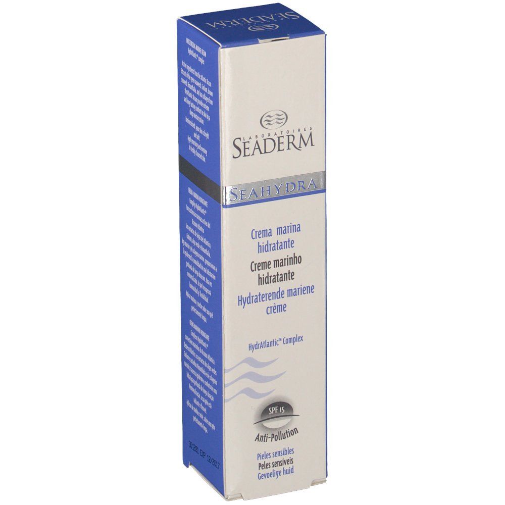 Confezione in cartone con nome e logo del prodotto. Testo: Crème marine hydratante, Creme marinho hidratante. Colori blu e bianco.