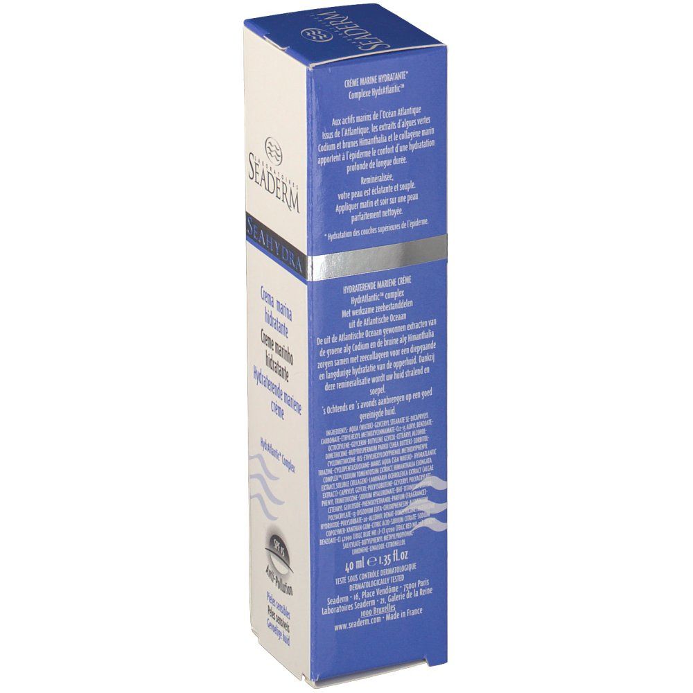 Confezione in cartone con informazioni sul prodotto. Testo: Hydratante marine crème, Hydratante marine creme. Colori blu e bianco. Vista dettagliata.