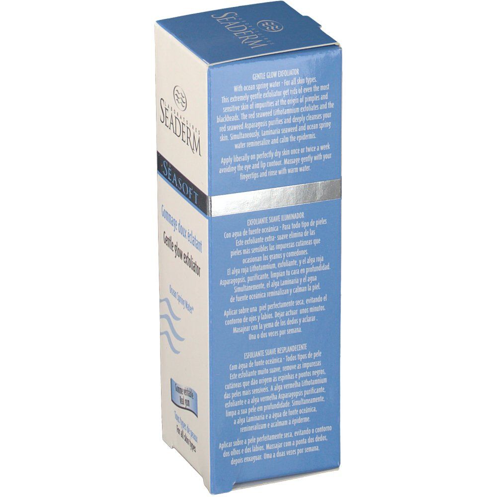 Vista laterale della confezione. Testo in più lingue. Contiene informazioni sull'uso e sugli ingredienti. Colori blu e bianco.