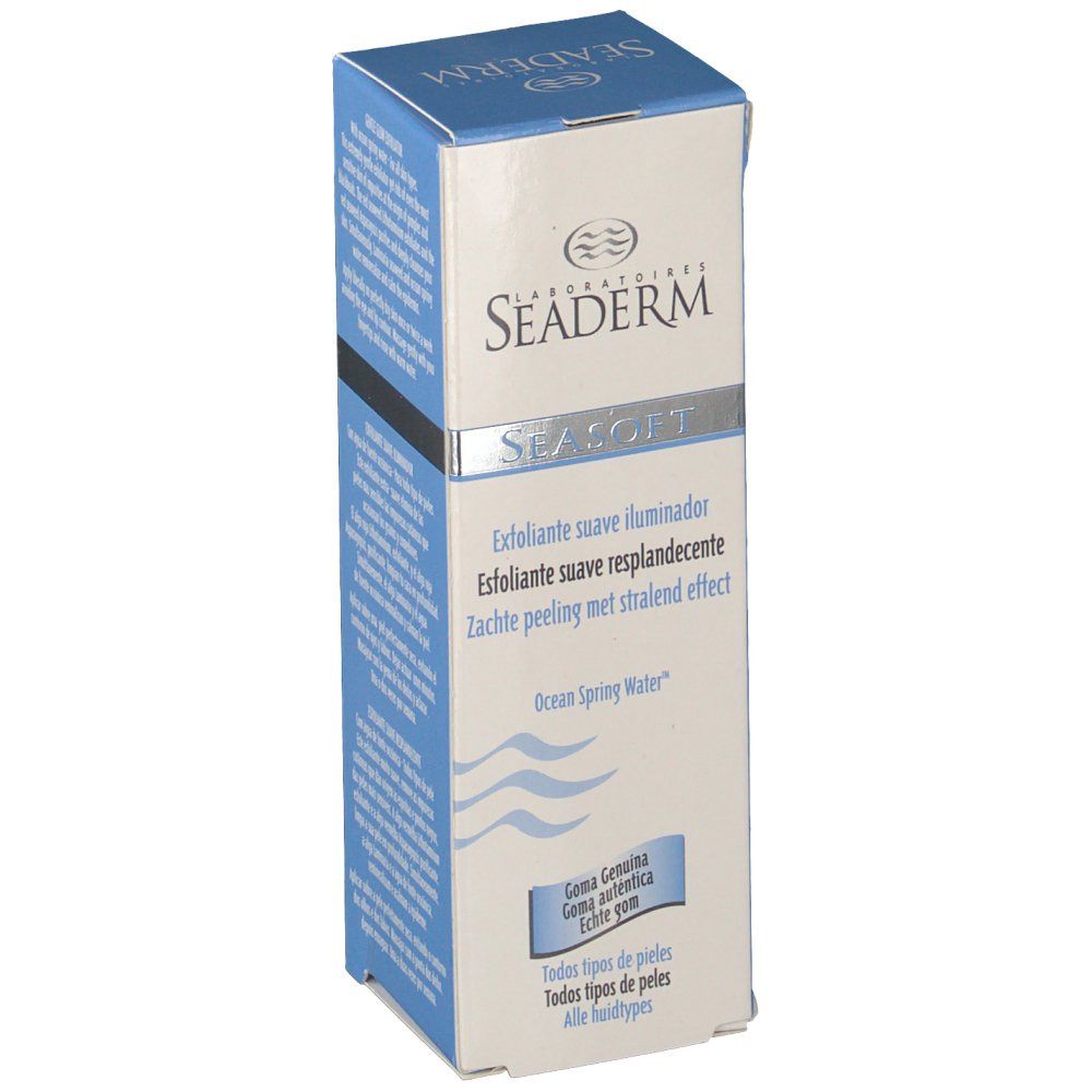 Confezione leggermente angolata. Scritte: Seaderm, Seasoft, Exfoliante suave iluminador, Zachte peeling met stralend effect. Grafica a onde. Per tutti i tipi di pelle.