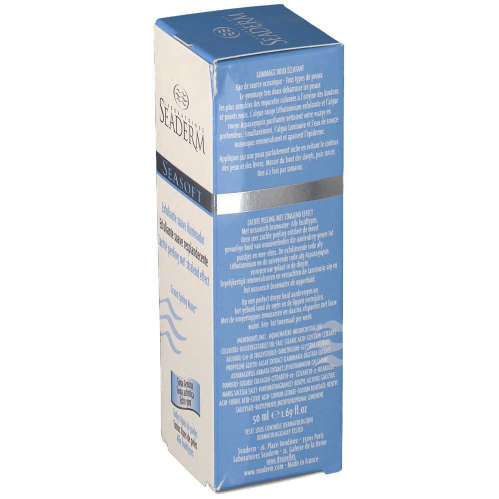 Vista laterale della confezione. Testo in più lingue. Contiene informazioni sull'uso, gli ingredienti e il volume: 50 ml.