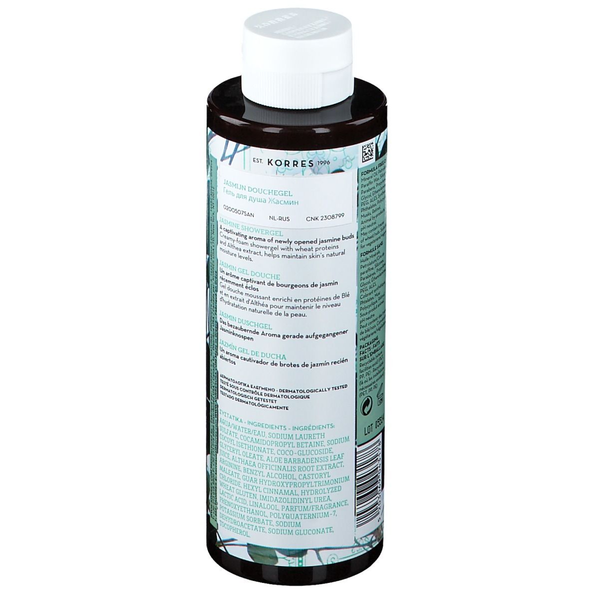 Gel doccia KORRES Jasmine. Retro del flacone. Testo sull'etichetta con ingredienti e informazioni. Tappo bianco.