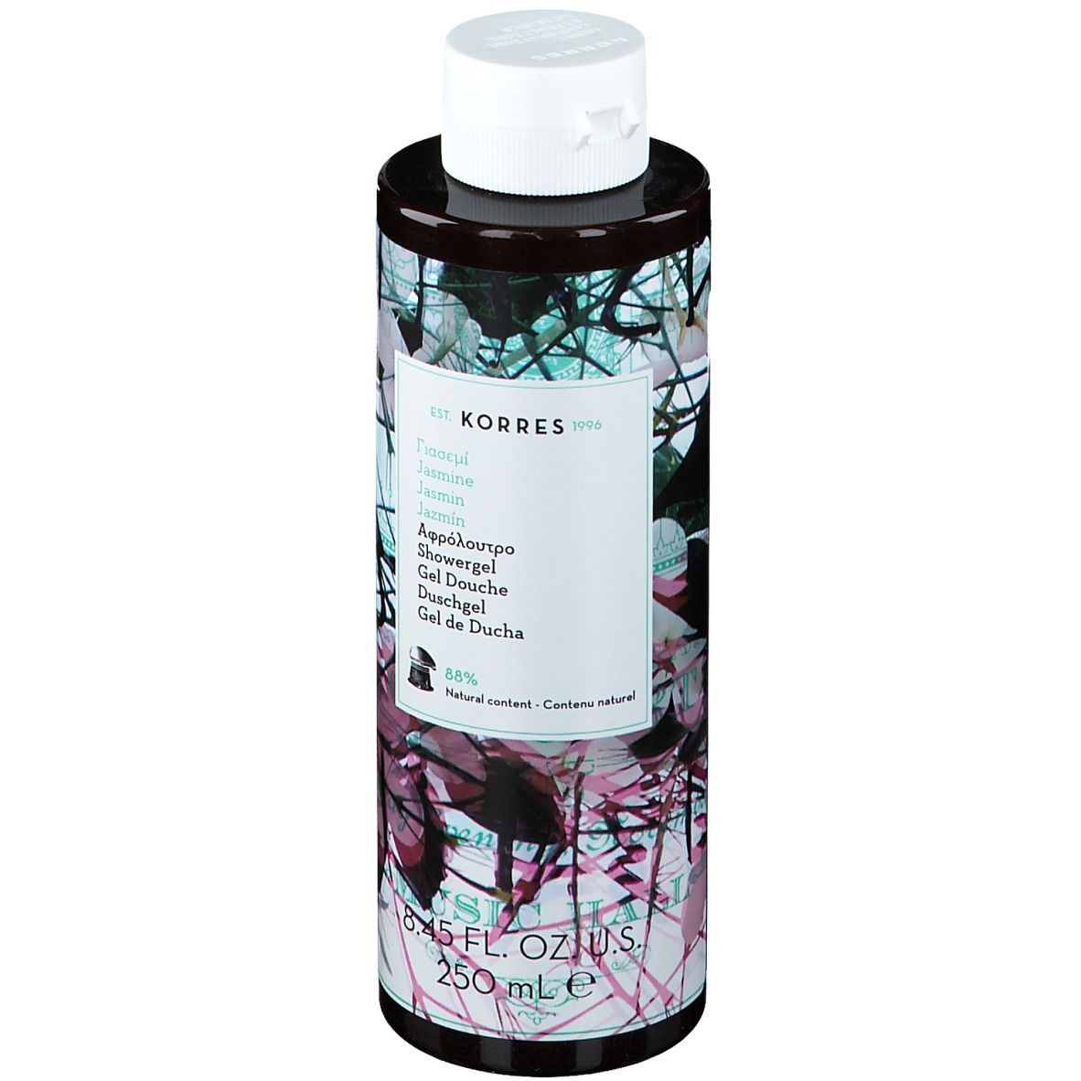 Gel doccia KORRES Jasmine. Flacone cilindrico con tappo bianco. Etichetta con nome prodotto e motivo floreale. 250 ml.