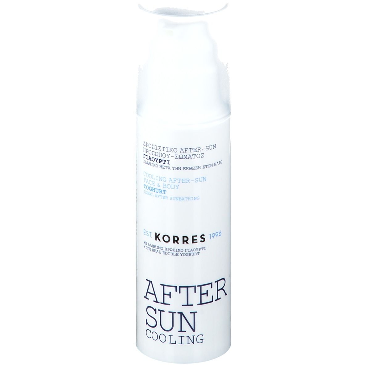 KORRES crema-gel doposole. Flacone bianco con testo blu. Scritta: After Sun Cooling.