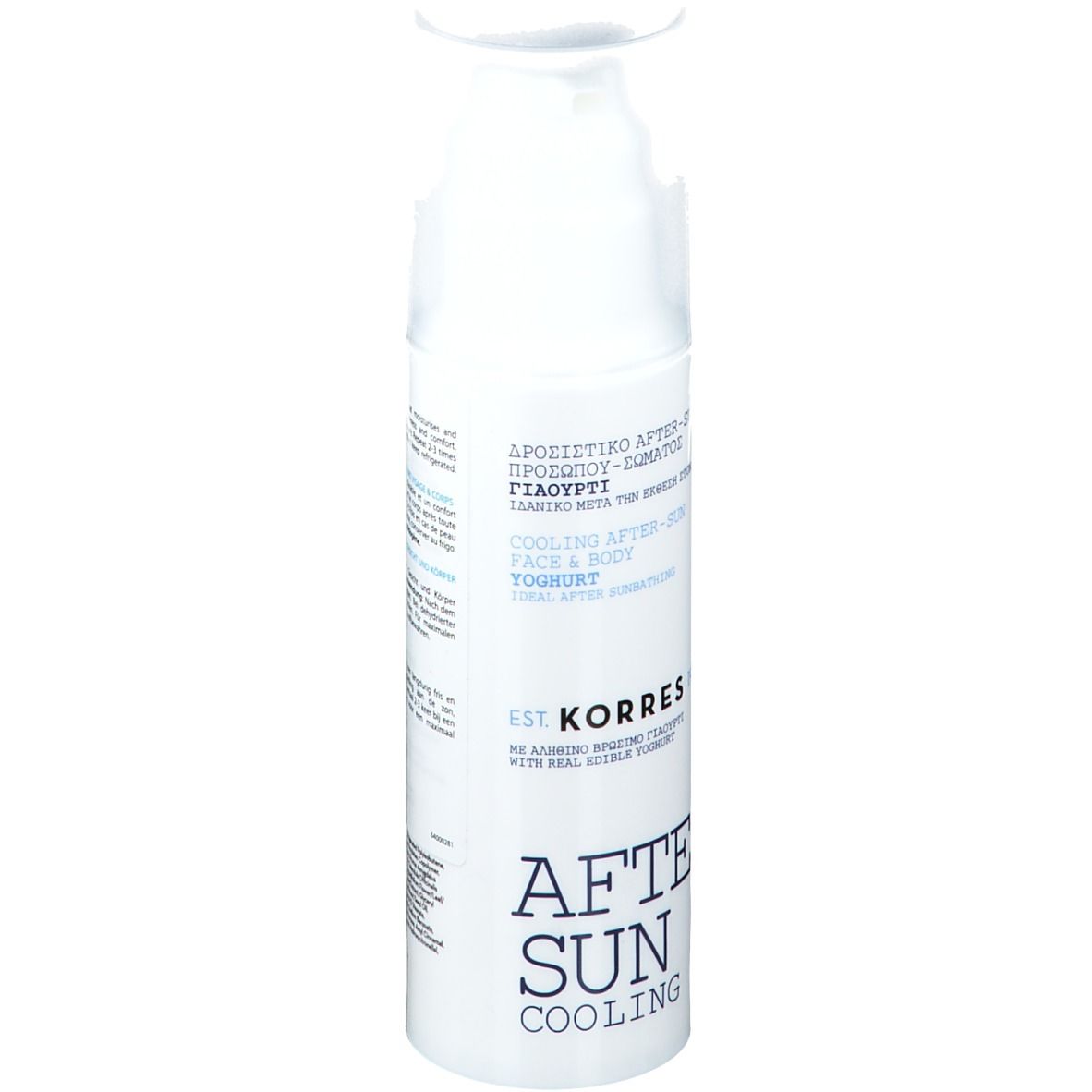 KORRES crema-gel doposole. Flacone bianco con testo blu. Scritta: After Sun Cooling.