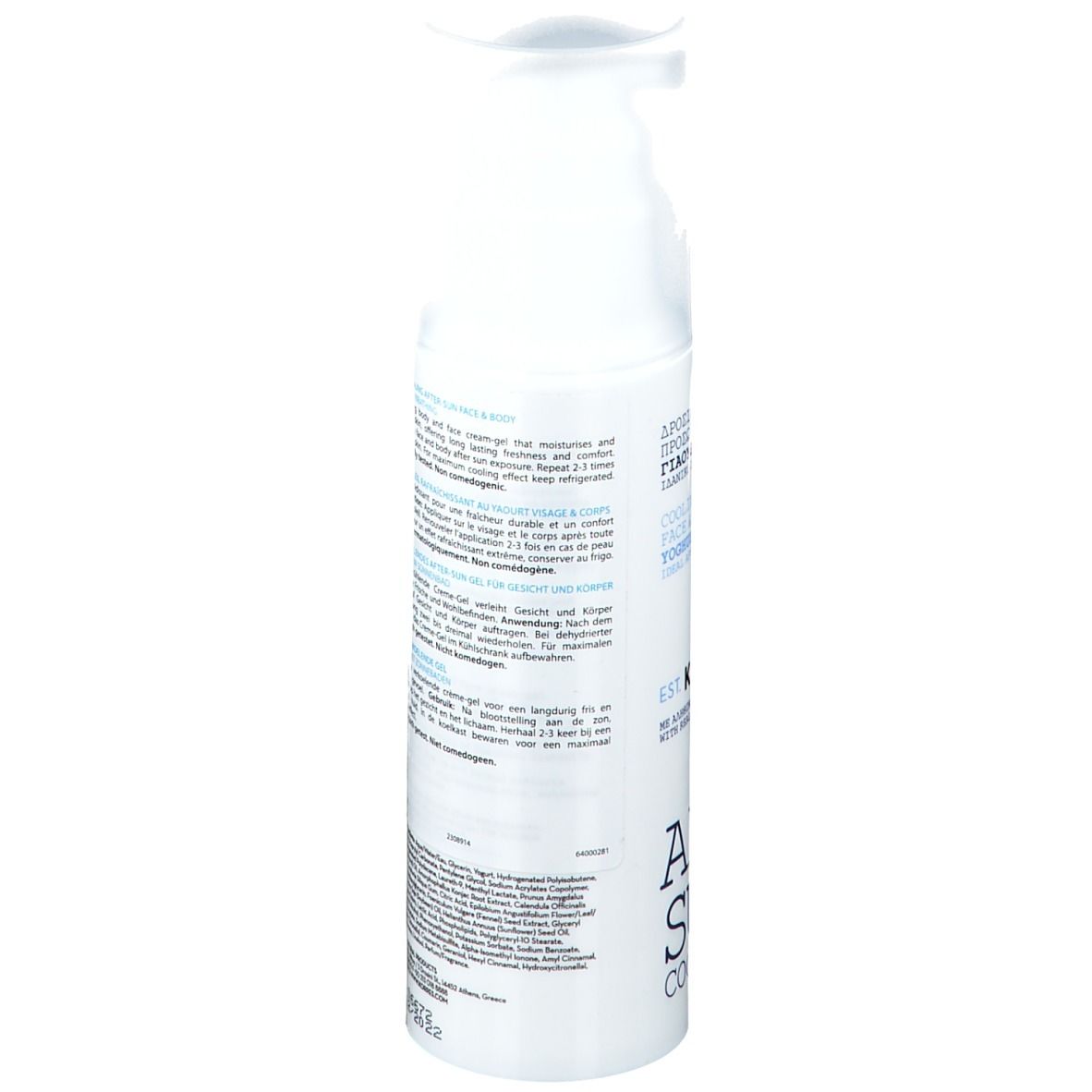 KORRES crema-gel doposole. Flacone bianco con testo. Ingredienti e istruzioni.