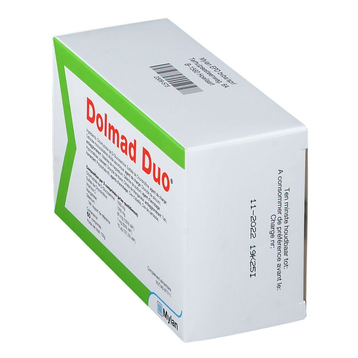 Scatola Dolmad Duo, bianca e verde, in diagonale. Scadenza 11-2022. Ingredienti e informazioni nutrizionali stampati.