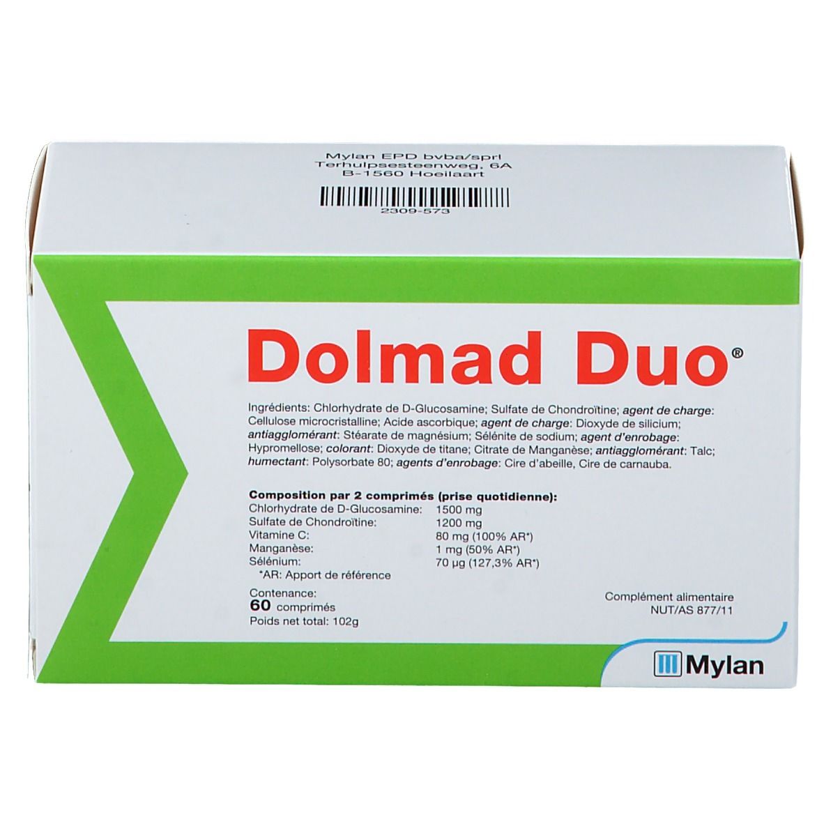 Scatola bianca e verde Dolmad Duo. Contiene 60 compresse. Ingredienti e informazioni nutrizionali stampati.