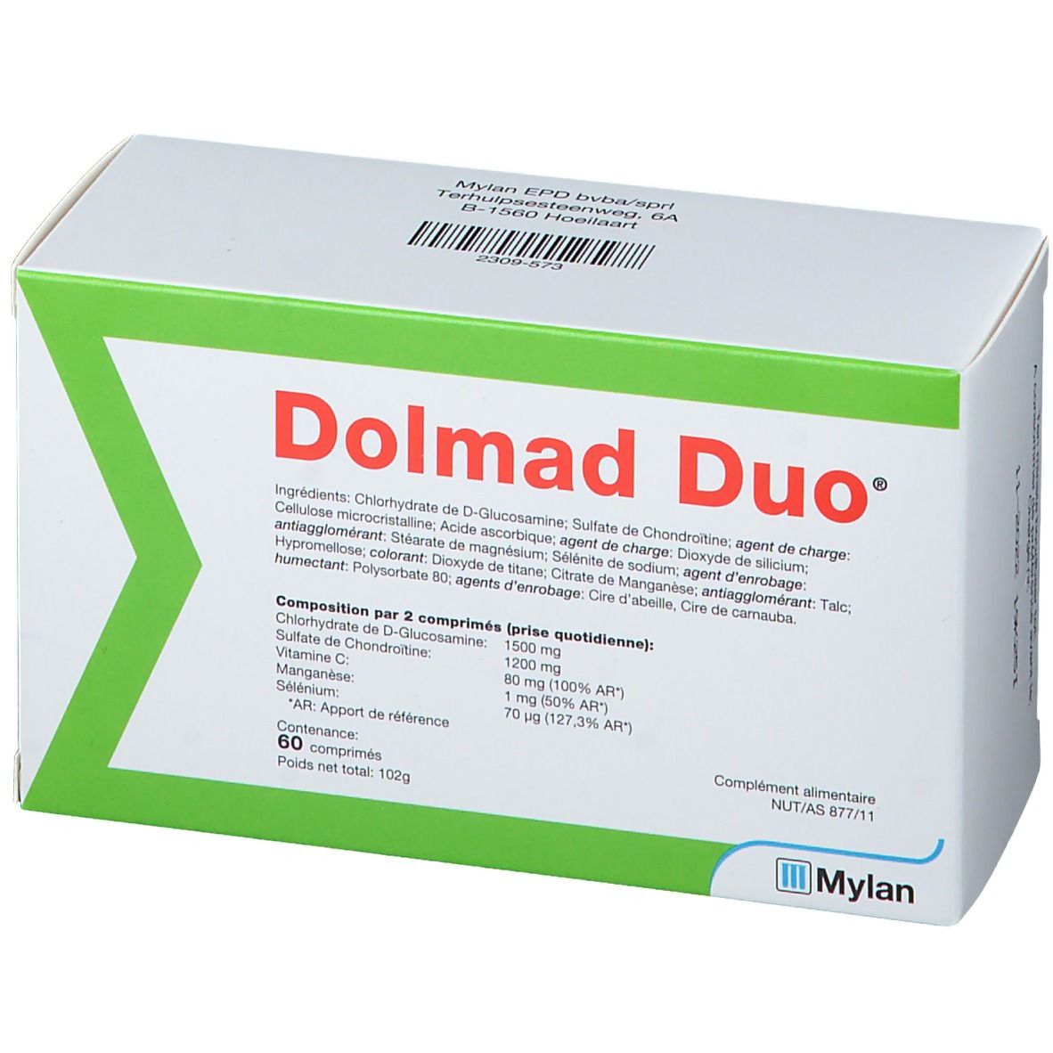 Scatola bianca e verde Dolmad Duo. Contiene 60 compresse. Ingredienti e informazioni nutrizionali stampati.