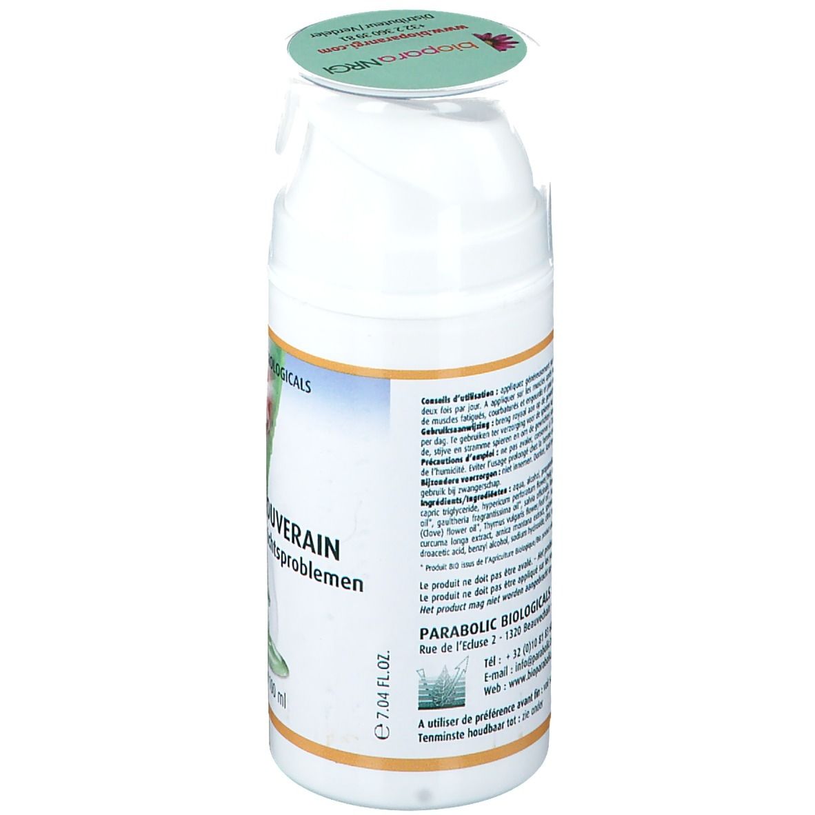 Flacone bianco, vista laterale. Testo sull'etichetta. Coperchio con logo. Testo in più lingue.