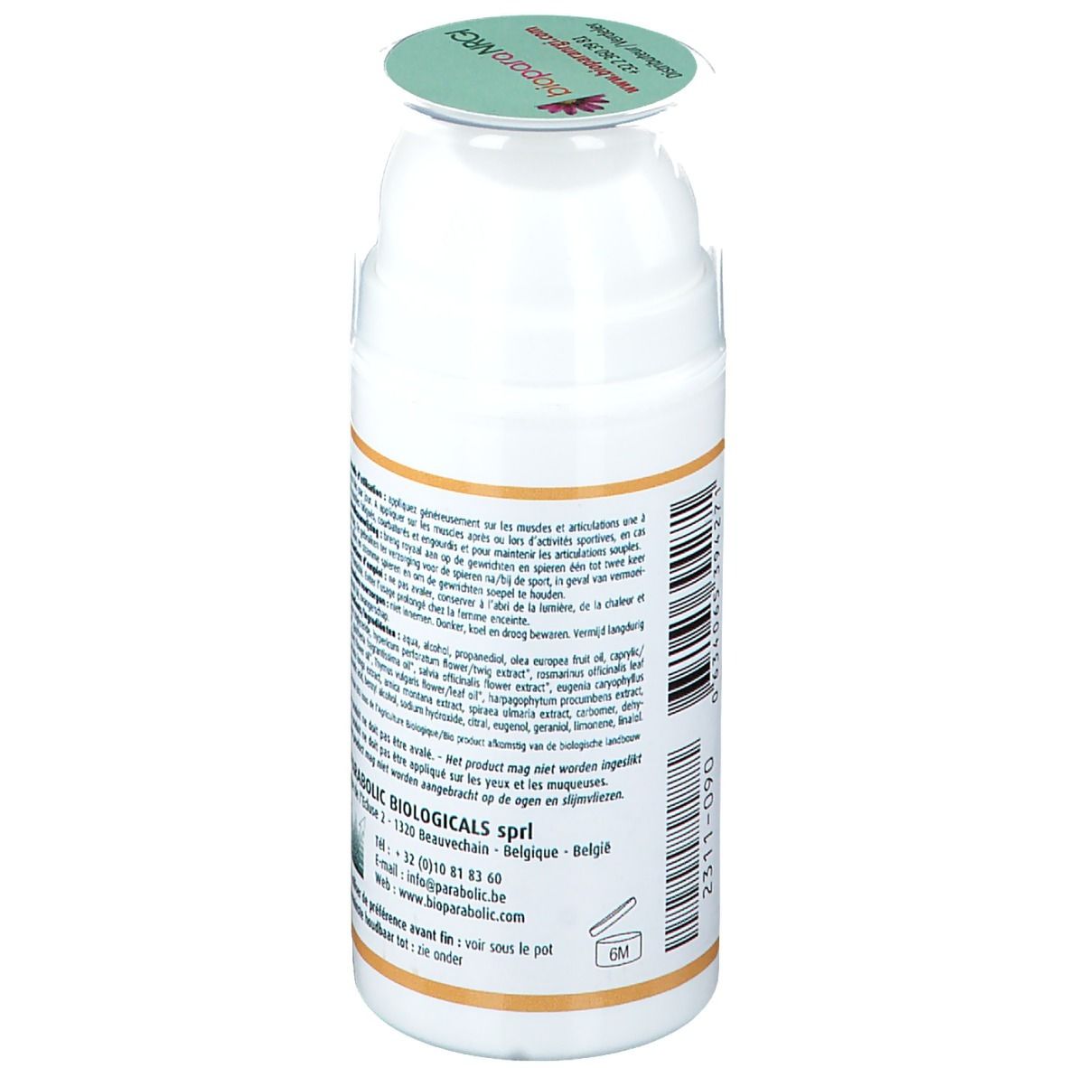 Flacone bianco, vista laterale obliqua. Testo sull'etichetta. Coperchio con logo. Codice a barre.