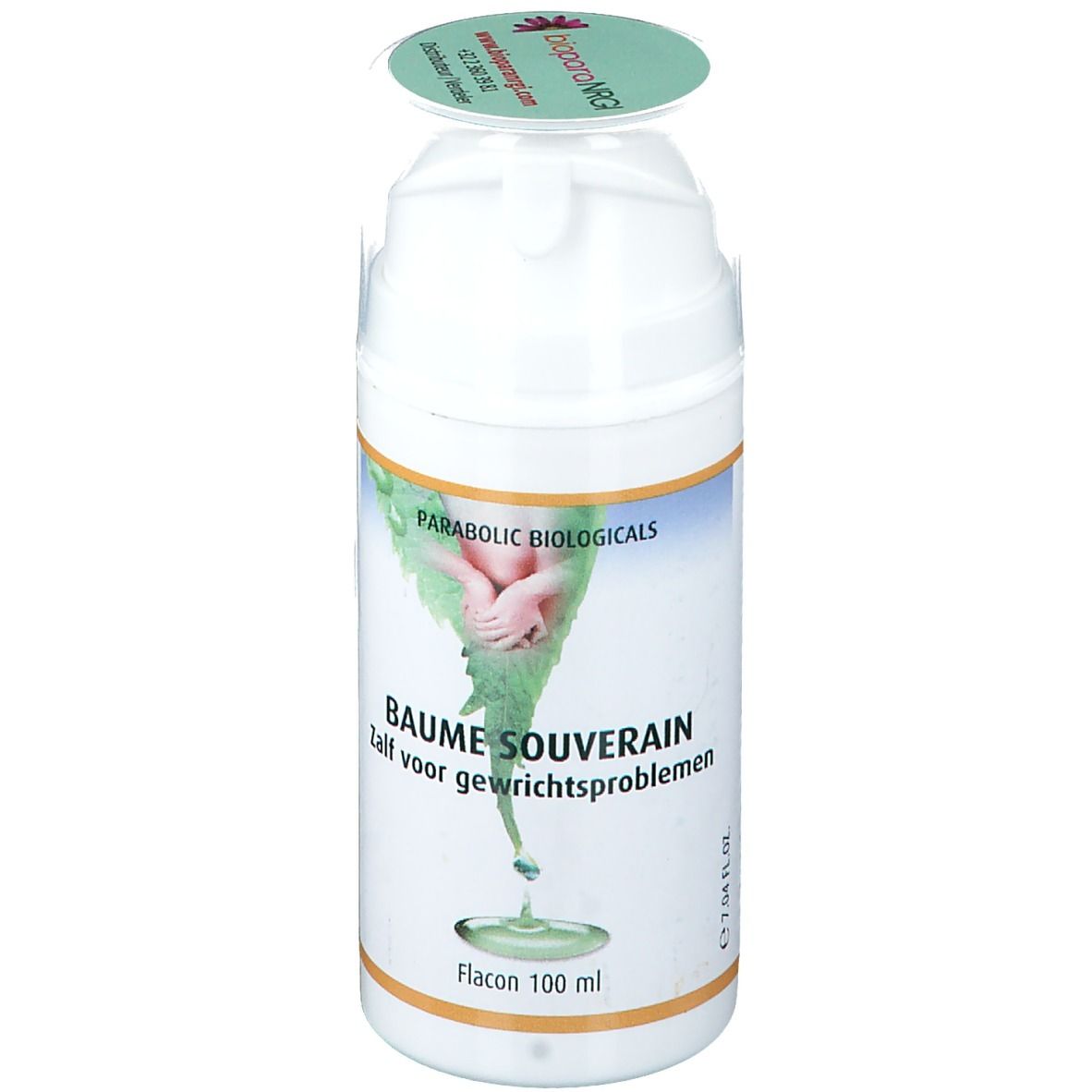 Flacone bianco con etichetta verde. Scritta: Parabolic Biologicals, Baume Souverain. Coperchio con logo.