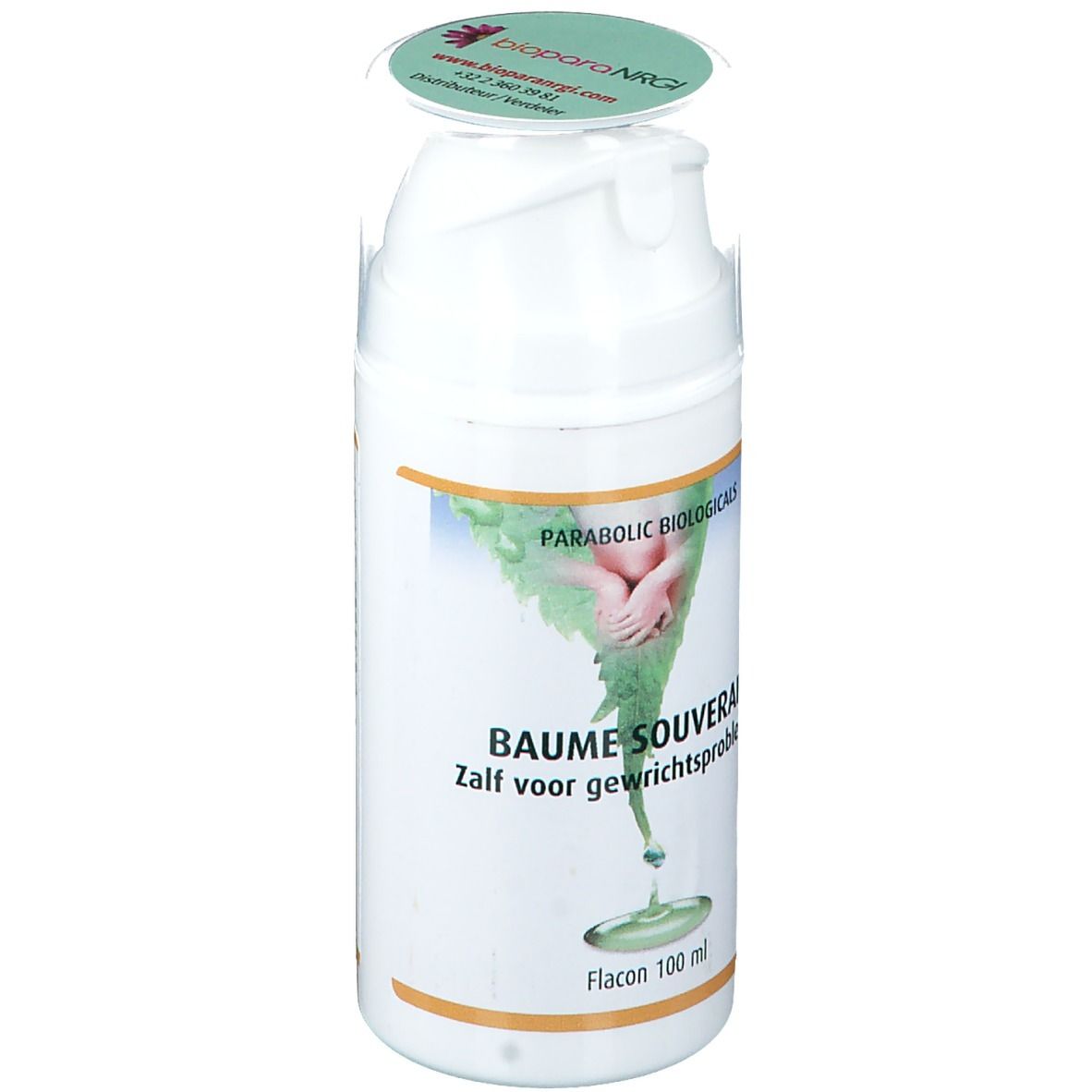 Flacone bianco con etichetta verde. Scritta: Parabolic Biologicals, Baume Souverain. Coperchio con logo.