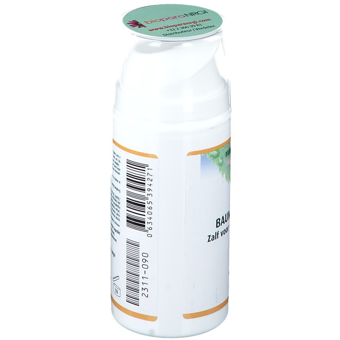 Flacone bianco, vista laterale obliqua. Testo sull'etichetta. Coperchio con logo. Codice a barre.