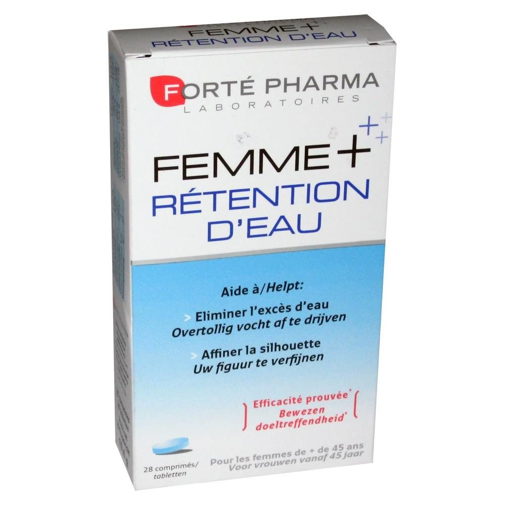 Confezione di FEMME+ RÉTENTION D'EAU, marchio FORTÉ PHARMA. Contiene 28 compresse. Per donne dai 45 anni in su. Efficacia provata.