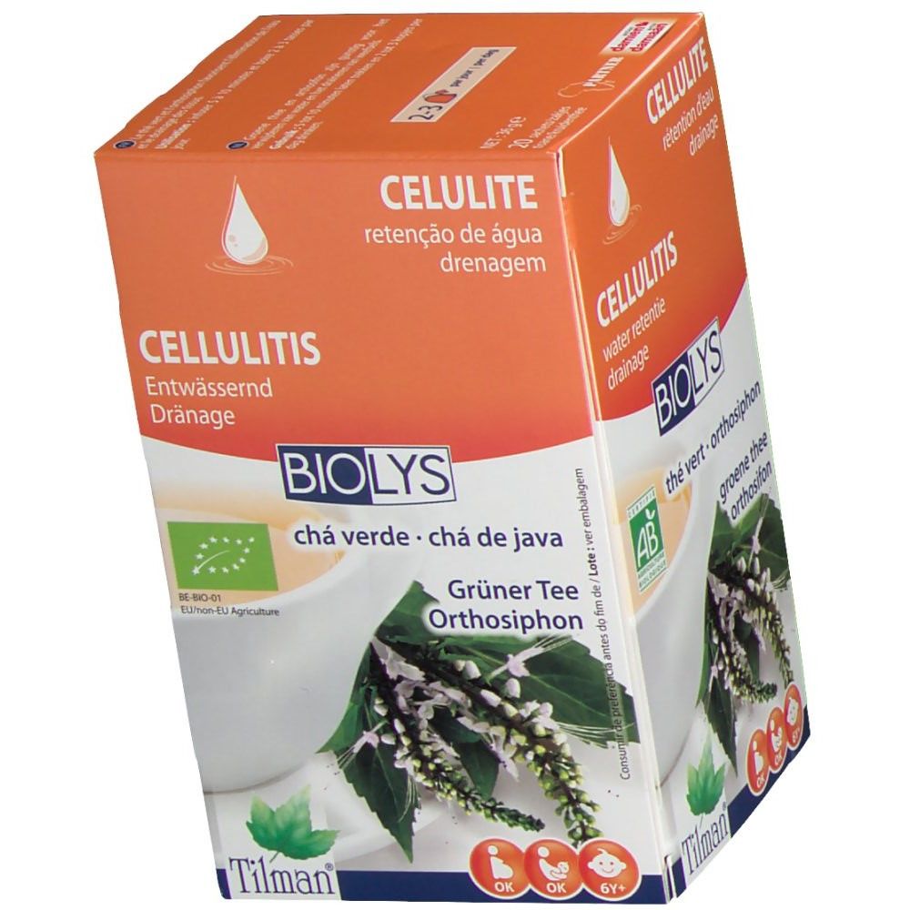 Confezione di Biolys Thé Vert - Orthosiphon. Scatola arancione e bianca con testo e logo. Marchio bio UE.