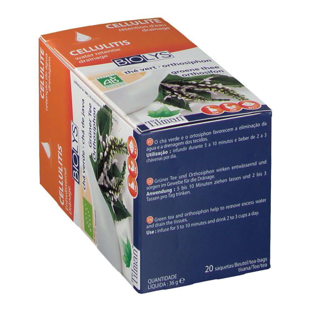 Confezione Biolys Thé Vert - Orthosiphon. Scatola arancione e bianca con testo e logo. 20 bustine, 36g.