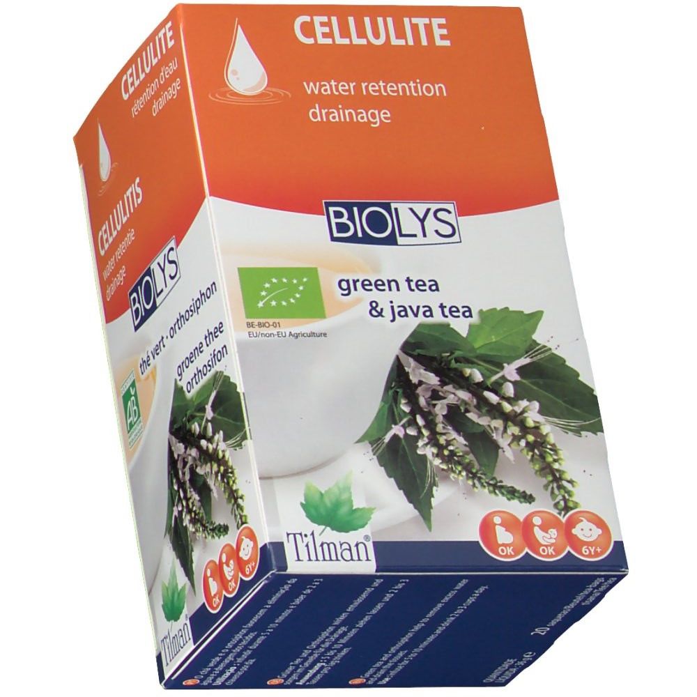 Confezione di Biolys Thé Vert - Orthosiphon. Scatola arancione e bianca con testo e logo. Marchio bio UE.